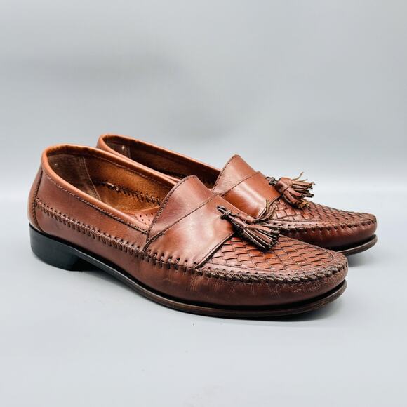 GH Bass & Co Shoes Mens 11.5 Brown Leather Woven Tassel Loafers Moc Toe Slip On - Picture 2 of 11
